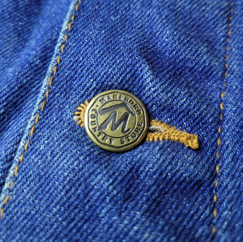Vtg Marlboro Country Store Denim Jean Jacket Mens Large Button Up Leather Collar - Picture 5 of 12